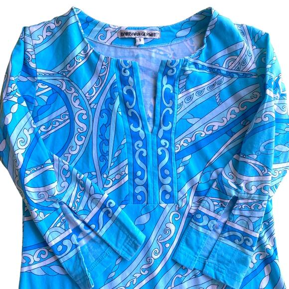 Barbara Gerwit Baby Blue Paisley Print 3/4 Sleeve Slit Neck Summer Mini Dress - Picture 6 of 6